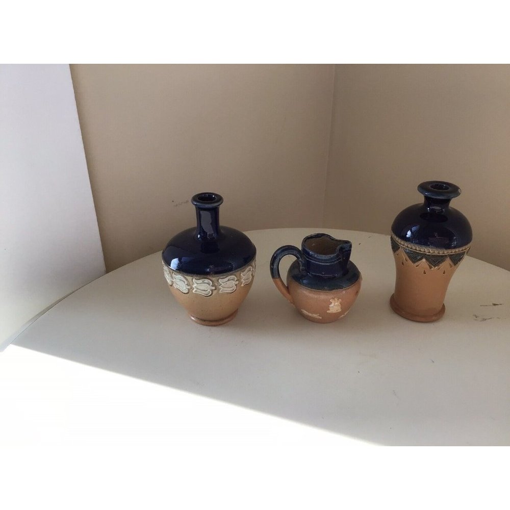 3 Antique Mini , Small Royal Doulton Lambeth Pitcher ,Vase Blue and Tan